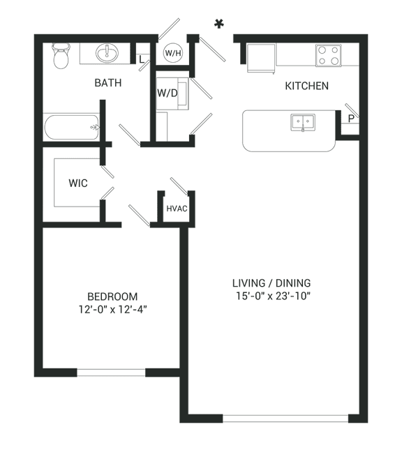 A floor plan of a small apartment with a bedroom, living/dining area, kitchen, and bathroom.