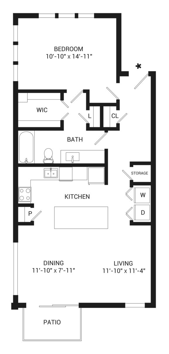 A floor plan of a house with a bedroom, bathroom, kitchen, dining area, living room, and patio.