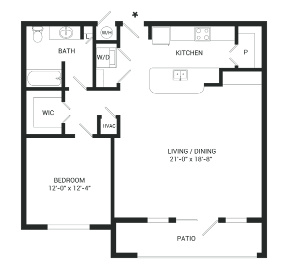 A floor plan of a house with a living room, dining room, kitchen, bedroom, bathroom, and patio.