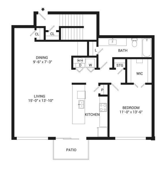 A floor plan of a house with a living room, dining room, kitchen, bedroom, bathroom, and patio.