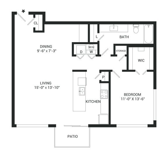 A floor plan of a house with a living room, dining room, kitchen, bedroom, bathroom, and storage area.