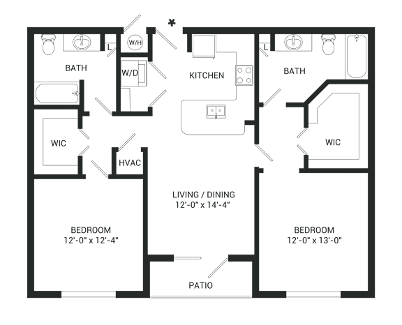 A floor plan of a house with two bedrooms, a living/dining area, kitchen, two bathrooms, and a patio.