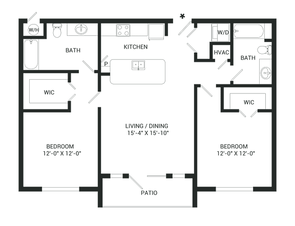 A floor plan of a house with two bedrooms, a living/dining area, a kitchen, two bathrooms, and a patio.