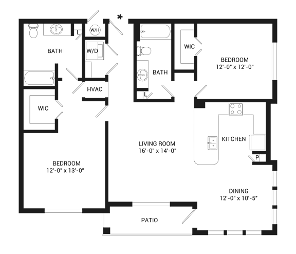 A floor plan of a house with two bedrooms, a living room, a kitchen, a dining room, a bathroom, and a patio.