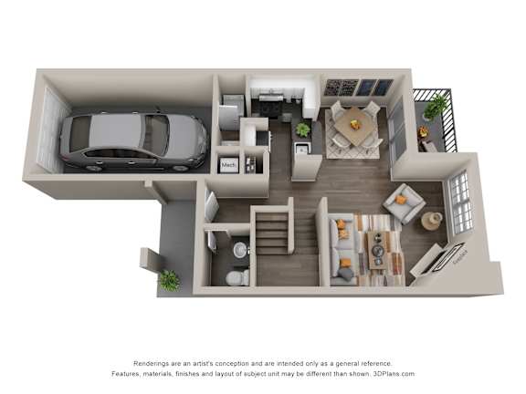 A 3D floor plan of a house with a kitchen, living room, and two bedrooms.