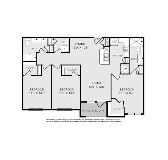 A black and white image of a floor plan for a house with a dining area, three bedrooms, a kitchen, a bathroom, a living room, a closet, and a patio/balcony.