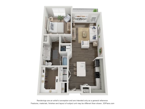 a stylized floor plan of a 1 bedroom192 sq ft