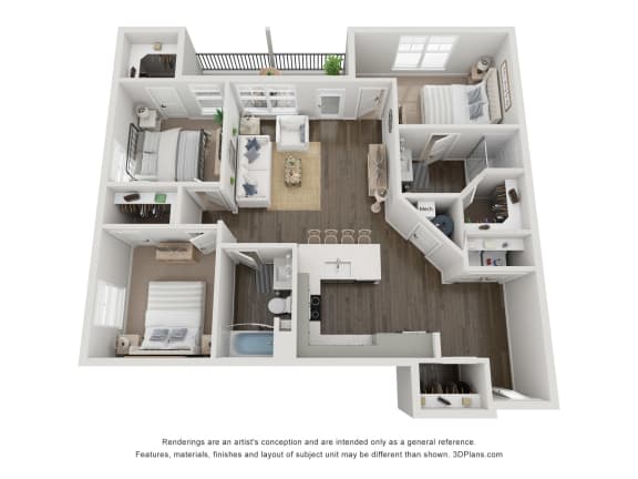 a 3d floor plan of a 2100 sq ft apartment