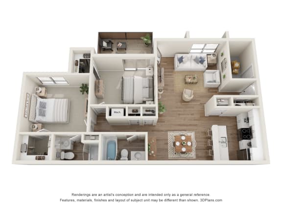 a stylized floor plan with a bedroom and living room