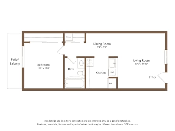 A floor plan of a house with a living room, dining room, kitchen and bathroom.
