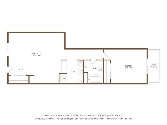 A floor plan of a home with a living room, kitchen, bathroom and bedroom.