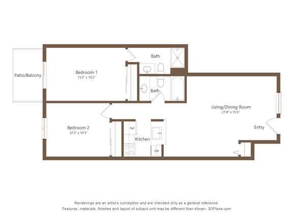 A floor plan of a small apartment with two bedrooms and a living/dining room.
