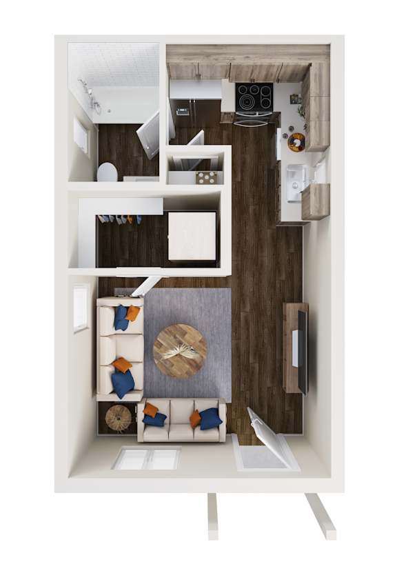 a stylized floor plan with a bedroom and living room