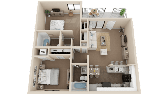 A detailed 3D floor plan of a small apartment layout.