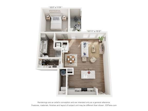 A 3D floor plan of a small apartment with a kitchen, living room, and two bedrooms.