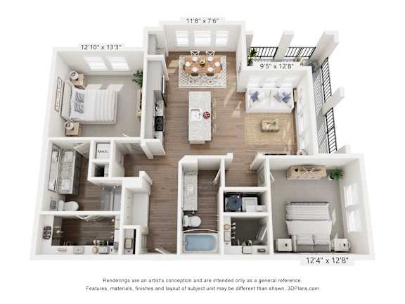 A 3D floor plan of a two-bedroom apartment with a living room, kitchen, and bathroom.