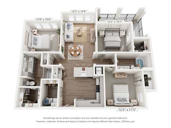 A 3D floor plan of a two-bedroom apartment.