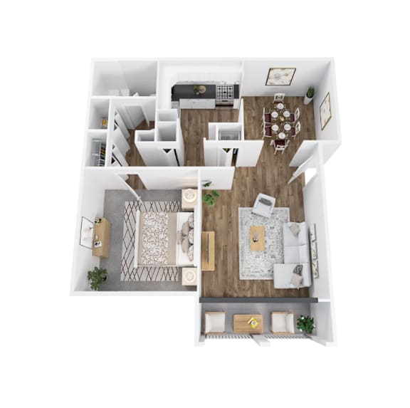 A top-down view of a modern apartment layout with a living room, dining area, kitchen, and bedrooms.