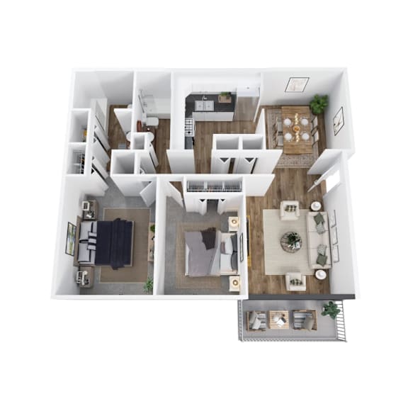 A top down view of a modern apartment layout.