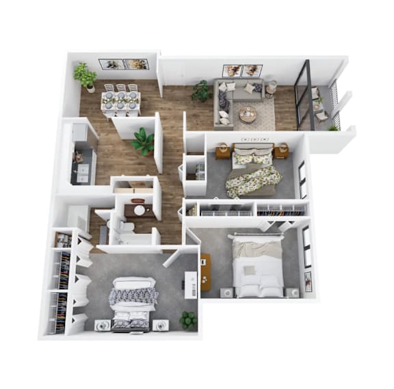 A top-down view of a well-furnished apartment.