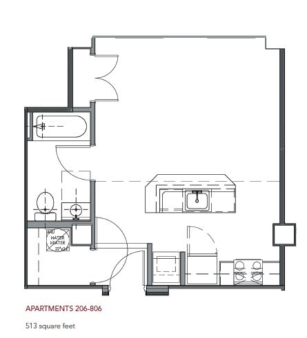 A floor plan of a 513 square feet apartment.