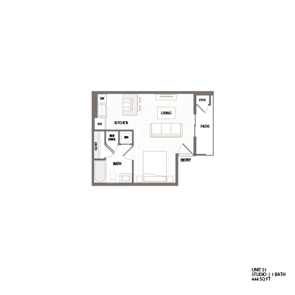 A floor plan of a studio apartment with a kitchen, living room, and bathroom.