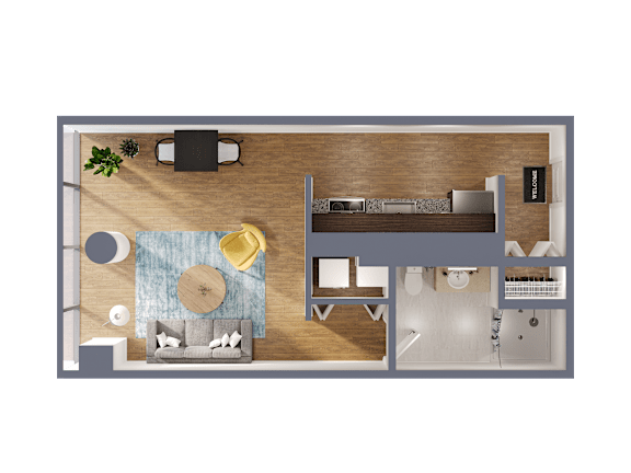 A top-down view of a living room with a couch, coffee table, and kitchen area.