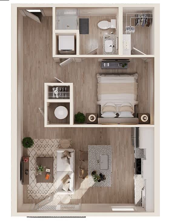A small room with a bed, a desk, and a chair.