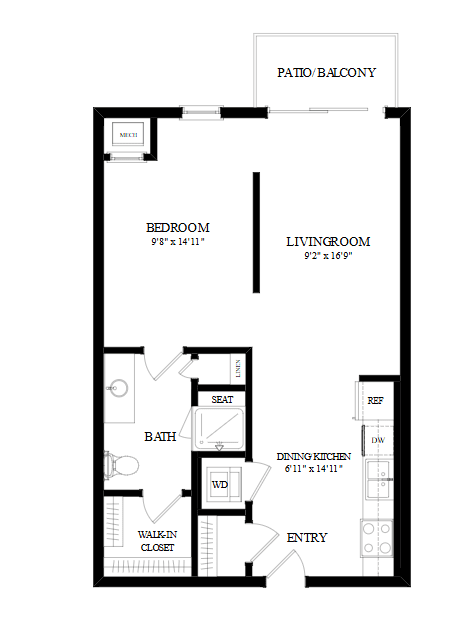A floor plan of a home with a patio and balcony.