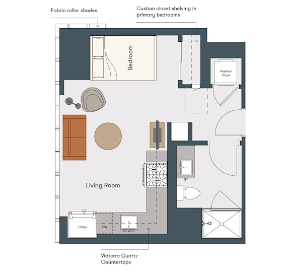 A floor plan of a room with a living room, bedroom, and kitchen.