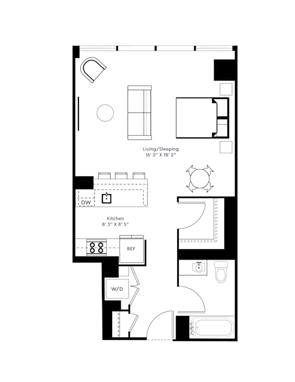 A floor plan of a small apartment with a kitchen, living room, and bathroom.