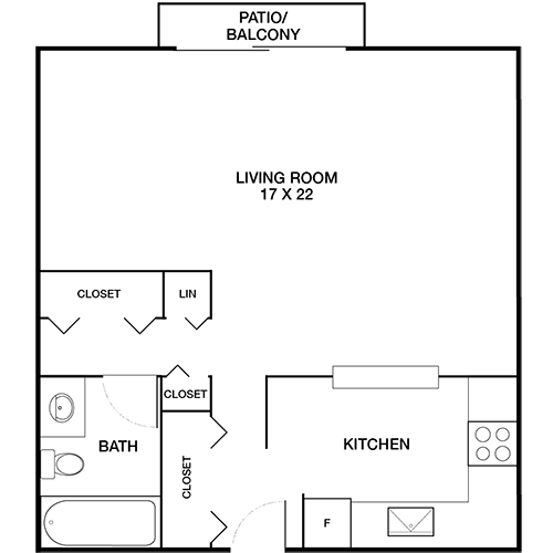 A floor plan of a living space with a living room, kitchen, and bathroom.