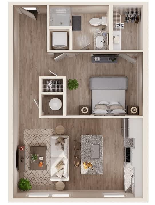 A top-down view of a small, neatly organized apartment with a bed, a desk, and a kitchenette.