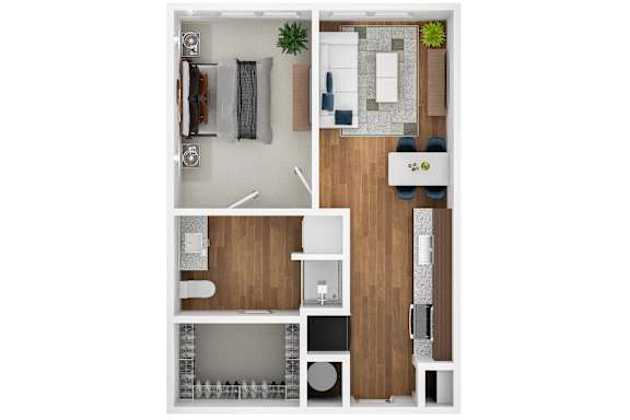 A top-down view of a small apartment with a kitchen, living room, and bathroom.