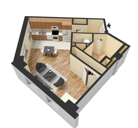 A 3D rendered image of a house layout.