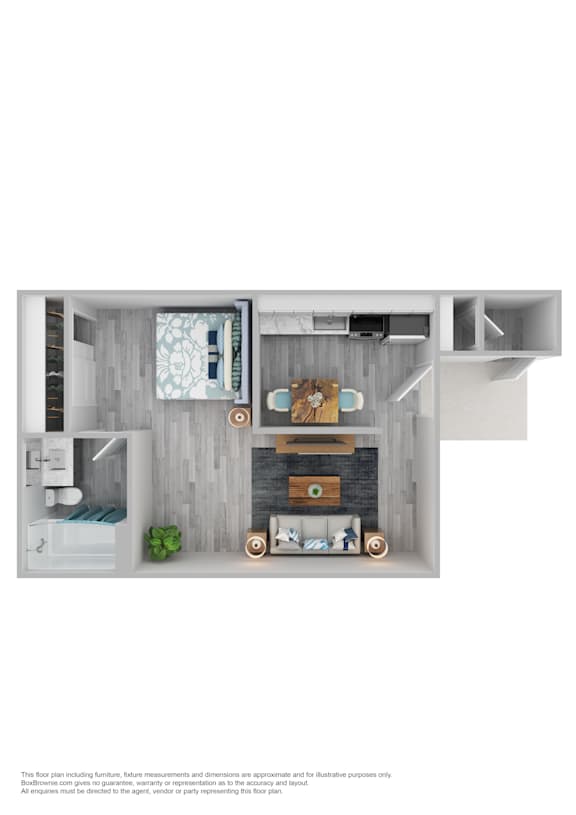 A 3D floor plan of a small apartment with a kitchen, living room, and bathroom.