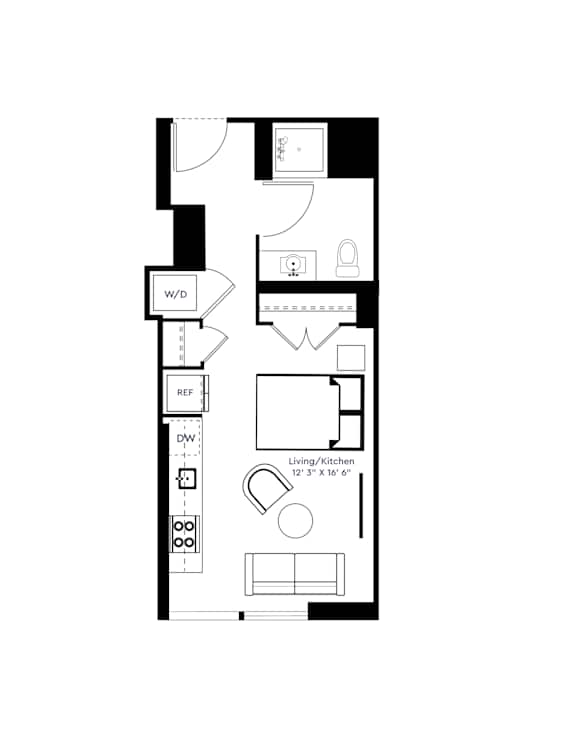 A floor plan of a kitchen with a living area.