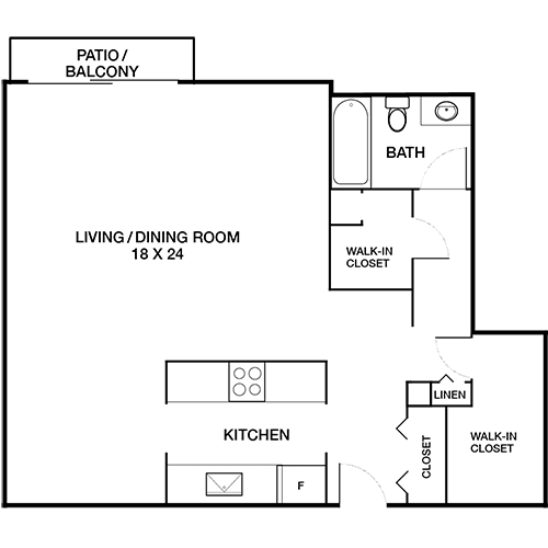 A floor plan of a house with a living/dining room, kitchen, bath, and closets.