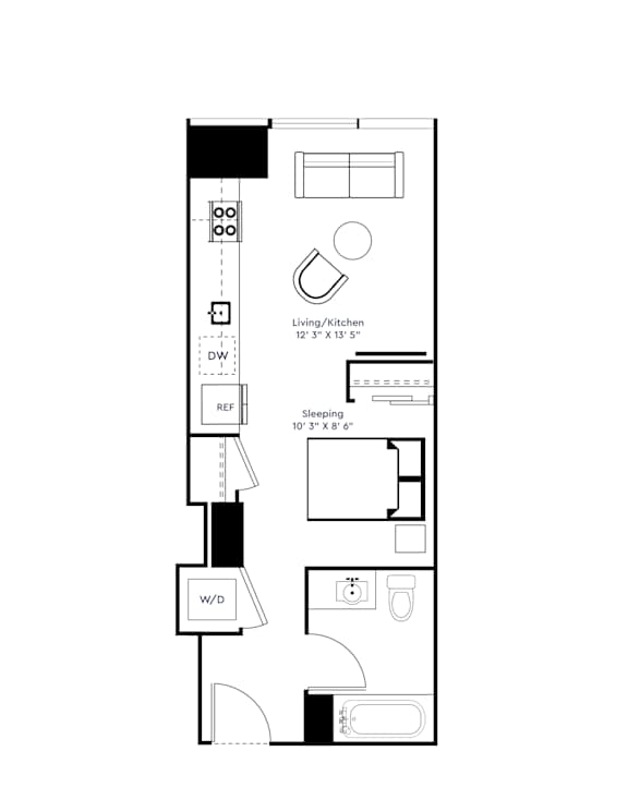 A floor plan of a kitchen with a living room.