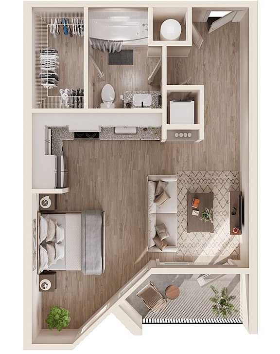 A top-down view of a small apartment with a kitchen, living room, and bathroom.