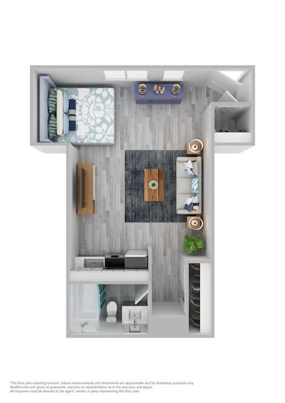 A floor plan of a small apartment with a kitchen, living room, and bathroom.