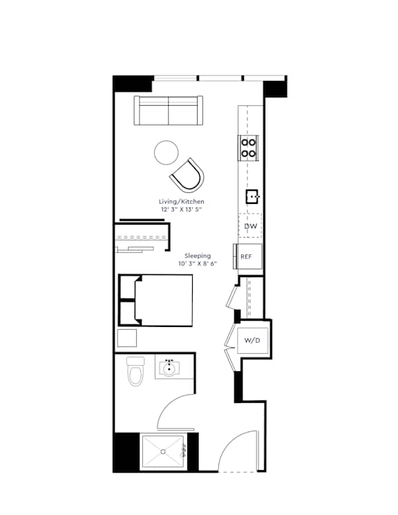 A floor plan of a small apartment with a living room, bedroom, and bathroom.