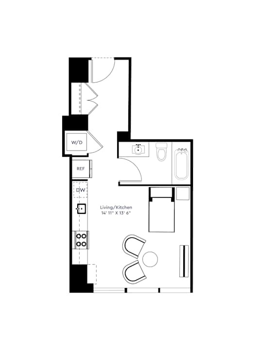 A floor plan of a small apartment with a living room, kitchen, and bathroom.