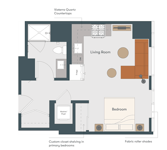 A floor plan of a room with a living room, bedroom, and laundry area.