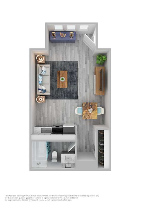 A 3D rendered image of a small apartment layout.