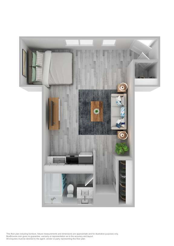 A top-down view of a small, neatly organized bedroom with a bed, desk, and chair.