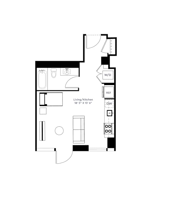 A floor plan of a living and kitchen area with a reference number and dimensions.