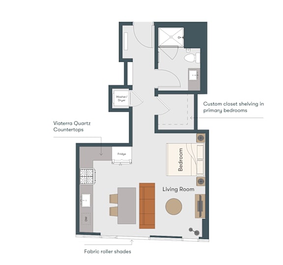 A diagram of a house layout with a living room, two bedrooms, a kitchen, and a laundry area.
