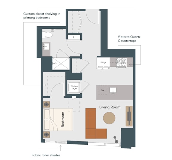 A floor plan of an apartment with a living room, two bedrooms, a kitchen, and a laundry area.