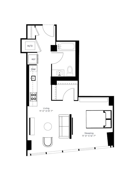 A floor plan of a small apartment with a living room, a bedroom, and a bathroom.